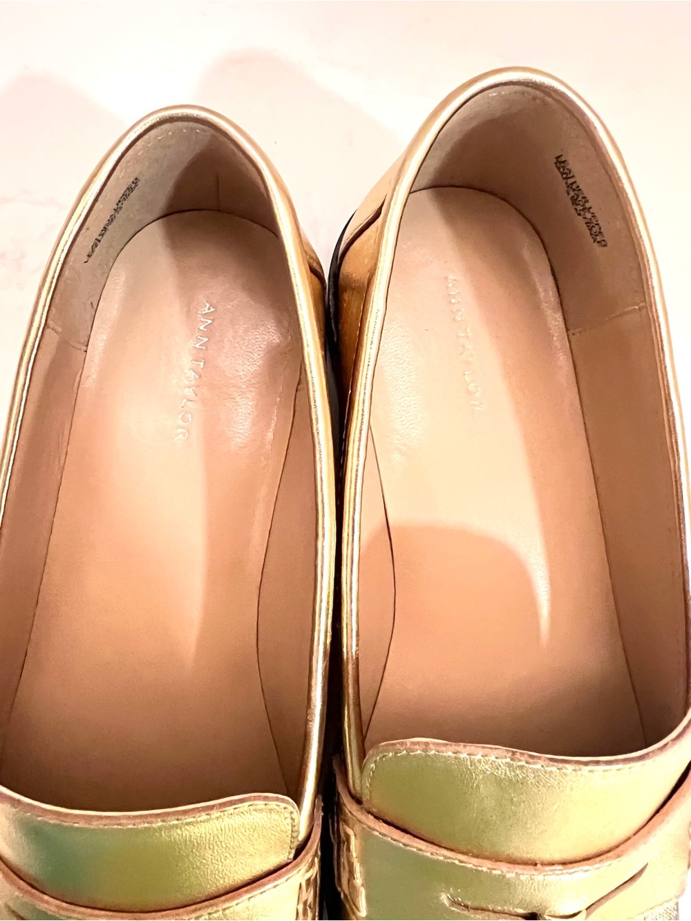 Ann Taylor Gold Metallic Leather Fringe Preppy Classic Penny Loafers - Picture 9 of 11